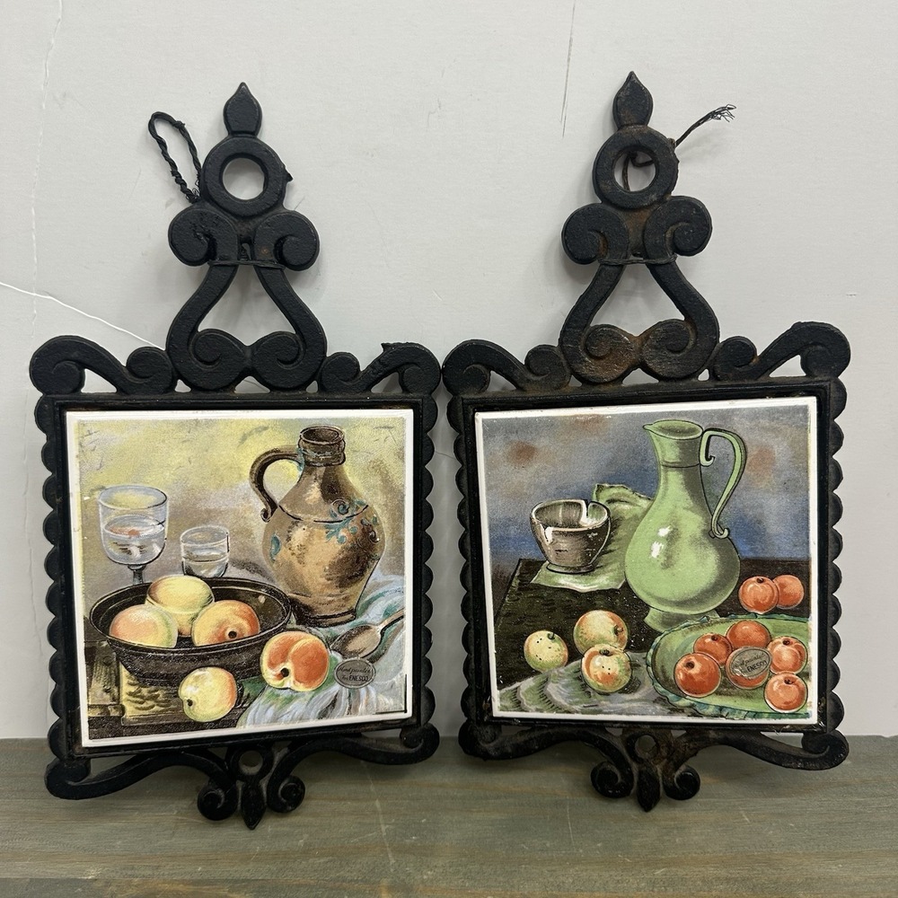 Set of 2 Vintage Enesco Japan Cast Iron Trivet/Wall Hangers With Tile Inserts